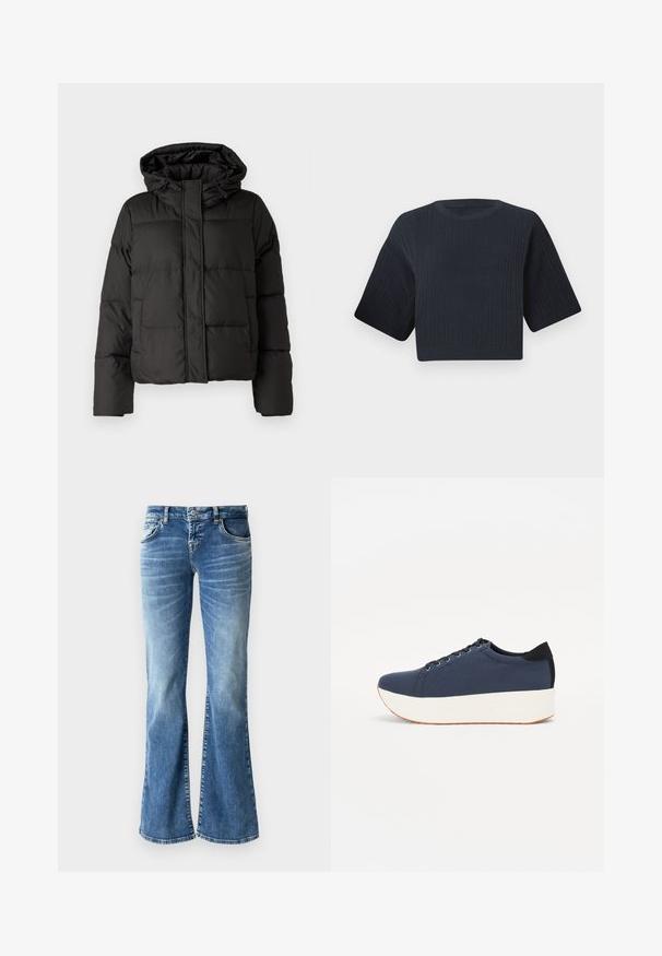 Black puffer jacket with a hood, zip front closure, quilted pattern, and elastic cuffs. Made from smooth synthetic material.; Dark navy cropped knit sweater with ribbed texture, short wide sleeves, and a round neckline. Simple design, no visible patterns or accents.; Light blue denim flared jeans with a faded wash, five pockets, stitched detailing, and a zip fly with a button closure.; Navy blue sneaker with a textured fabric upper, white platform sole, rounded toe, and black heel accent. Features six eyelets for laces.