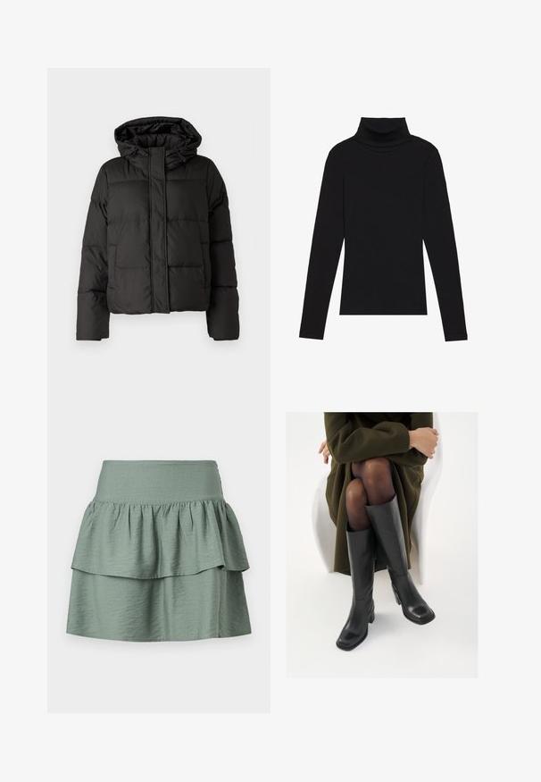 Svart pufferjakke med hette, glidelås foran, quiltet mønster og elastiske ermer. Laget av glatt syntetisk materiale.; Svart høyhalset langermet topp, laget av ribbestrikket stoff, har en tettsittende design med høy hals og uten mønstre eller dekorasjoner.; Myk grønn skjørt med lagdelt design og volangkant, laget av lett stoff, med elastisk midjebånd for komfort.; Knæhøye sorte lærstøvler med firkantet tå og blokkhelt, vist med en modell som sitter iført en olivengrønn kåpe. Glatt tekstur, minimal detaljering.
