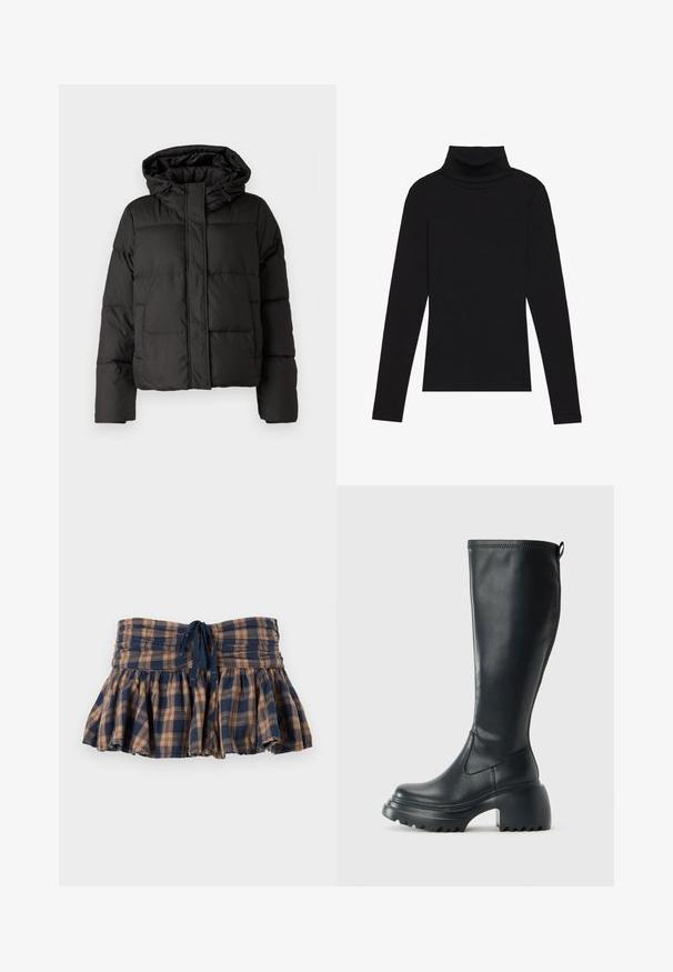 Juodas pūkinis džinsas su kapišonu, užtrauktuku priekyje, siuvinėtu raštu ir elastingais rankogaliais. Pagamintas iš lygios sintetinės medžiagos.; Juoda turtleneko ilgo rankovės viršutinė dalis, pagaminta iš raukšlėtos medžiagos, turi prigludusią formą, aukštą apykaklę ir neturi jokių raštų ar akcentų.; Rudai ir laivynu raštai, iš minkštos medžiagos pagaminta mini sijonas. Turi smulkintą juosmenį ir reguliuojamą virvutę pritaikymui.; Ilgas juodos odinės batai su masyvi platforma ir stačiakampiu kulnu, turintys traukimo kilpą ir tekstūruotą pado raštą.