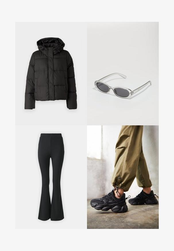 Chaqueta de plumas negra con capucha, cierre frontal con cremallera, patrón acolchado y puños elásticos. Fabricada en material sintético suave.; Top de manga larga de cuello alto negro, hecho de tela de canalé, presenta un diseño ajustado con un cuello alto y sin patrones ni acentos.; Pantalones acampanados negros hechos de tejido elástico. Presentan una cinturilla alta y un diseño ajustado y suave que se ensancha desde la rodilla hacia abajo.; Persona con zapatillas negras gruesas y pantalones cargo verde oliva de pie sobre un suelo de concreto junto a una pared blanca.; Gafas de sol con forma ovalada, montura de plástico transparente, lentes gris oscuro y patillas delgadas y transparentes con acentos de logotipo y un diseño minimalista.