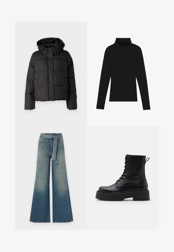 Fekete puffernadrág kapucnival, elöl cipzárral záródik, steppelt mintázattal és elasztikus mandzsettákkal rendelkezik. Simább szintetikus anyagból készült.; Fekete garbónyakú, hosszú ujjú felső, bordás anyagból készült, testhez álló fazonnal, magas nyakkal, minták és díszítések nélkül.; Bőszárú farmernadrág, világos és sötétkék árnyalatokkal, magas derekú, övgyűrűkkel és a nadrággal megegyező anyagú övvel. Textúrált farmer kivitel.; Fekete bőr bokacsizma, kerek orral, fűzős elülső résszel és vastag, texturált gumitalppal. Húzófül hátul.