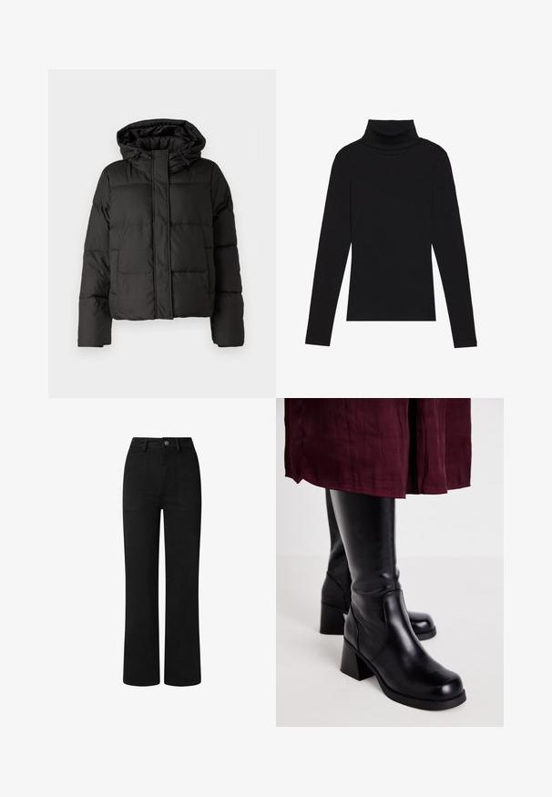 Svart puffjacka med huva, dragkedja fram, kviltat mönster och elastiska ärmslut. Tillverkad av ett slätt syntetiskt material.; Svart polokrage långärmad topp, tillverkad av ribbat tyg, har en figurnära design med hög hals och inga mönster eller accenter.; Svarta, högmidjade byxor med rak bendesign, tillverkade av mjuk bomullstyg. Har framfickor och en enkel metalldekorationsknapp.; Svarta knälånga stövlar med en slät läderfinish, rektangulära klackar och detaljer i sidostygn, i kombination med en vinröd kjol.