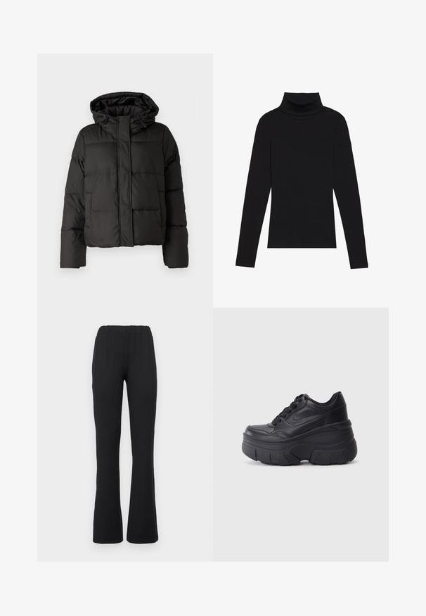 Chaqueta de plumas negra con capucha, cierre frontal con cremallera, patrón acolchado y puños elásticos. Fabricada en material sintético suave.; Top de manga larga de cuello alto negro, hecho de tela de canalé, presenta un diseño ajustado con un cuello alto y sin patrones ni acentos.; Pantalones negros de campana con una cinturilla elástica, que presentan una textura suave y sin patrones visibles ni detalles de hardware.; Zapatillas negras con cordones y suela gruesa, con parte superior de cuero suave, punta redondeada y un diseño de plataforma en capas distintivo.