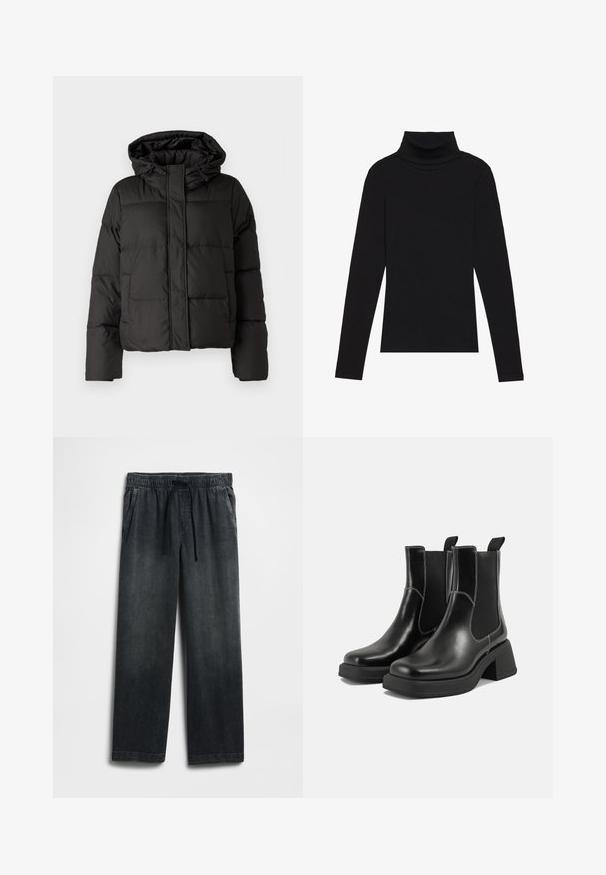 Černá péřová bunda s kapucí, zipovým zapínáním, prošívaným vzorem a elastickými manžetami. Vyrobena z hladkého syntetického materiálu.; Černý rolák s dlouhým rukávem, vyrobený z žebrované látky, má upnutý střih s vysokým výstřihem a žádné vzory ani akcenty.; Černé džínové kalhoty s elastickým pasem se šňůrkou, širokými nohavicemi a mírným vyblednutím. Součástí jsou dvě boční kapsy.; Černé kožené chelsea boty s masivním podpatkem, elastickými bočními panely a kontrastním bílým prošitím. Texturovaný povrch.