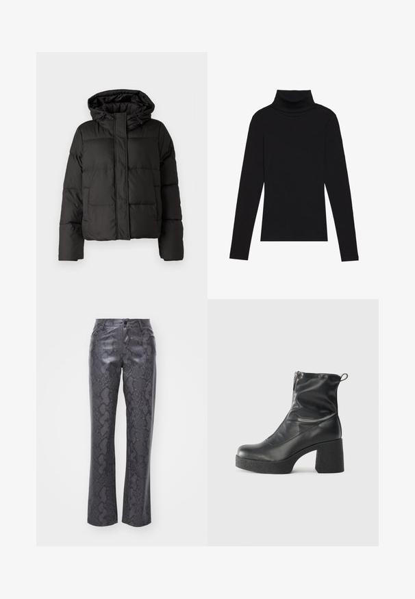 Μαύρο μπουφάν τύπου πούφτερ με κουκούλα, κλείσιμο με φερμουάρ μπροστά, ραφές με επένδυση και ελαστικούς καρπούς. Κατασκευασμένο από λεία συνθετική ύλη.; Μαύρο πουλόβερ με ψηλό λαιμό και μακριά μαν sleeves, κατασκευασμένο από ριγέ ύφασμα, διαθέτει εφαρμοστή γραμμή χωρίς σχέδια ή διακοσμητικά στοιχεία.; Ψεύτικα δερμάτινα παντελόνια σε σκούρο γκρι χρώμα με μοτίβο ερπετού. Διαθέτουν κλείσιμο με κουμπί μπροστά, ίσιες γραμμές και κλασικό σχέδιο πέντε τσεπών.; Μαύρες μποτές μέχρι τον αστράγαλο από λείο δέρμα, με πλευρικό φερμουάρ, χοντρό υφασμάτινο τακούνι και στρογγυλή μύτη.