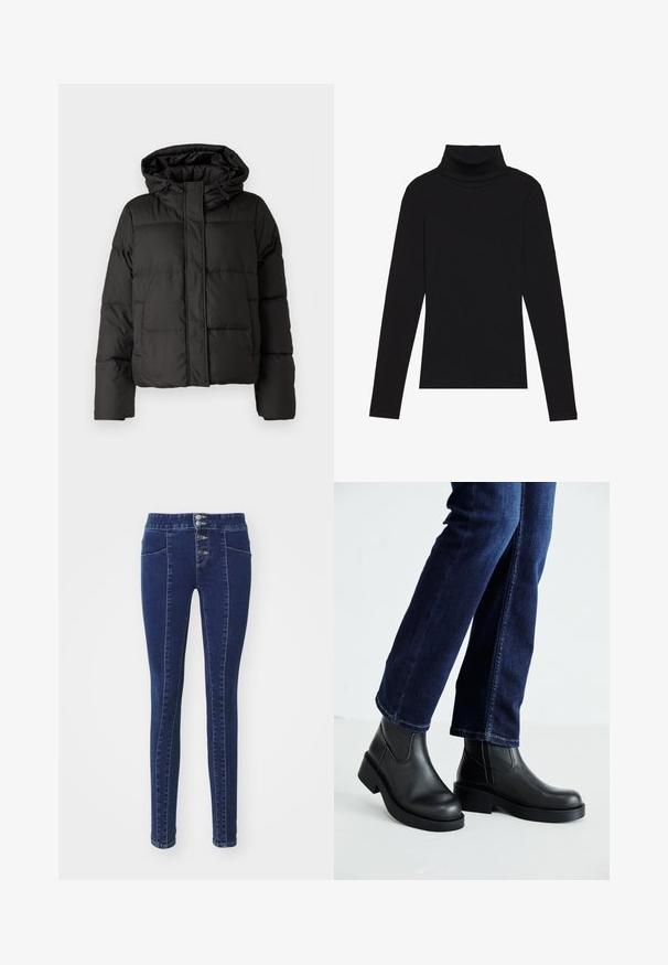 Must musterk jacket, millede, tõmbluku ees sulgemine, tikandmuster ja elastsed mansetid. Valmistatud siledast sünteetilisest materjalist.; Mustavööne, pika varrukaga kõrge kaelusega T-särk, mis on valmistatud ribakanga materjalist, omab sobivat disaini ja ei sisalda mustreid ega aksessuaare.; Tumed sinised teksad, millel on kõrge vöökoht, viie nupuga sulgemine, kaks eesmist taskut ja slim fit disain. Sile tekstuur.; Mustad mustad nahast sääre kõrgused saabastega, millel on paks tald ja küljel elastsed paneelid, kombineeritud tumedate siniste teksadega. Maapind on heledat värvi.