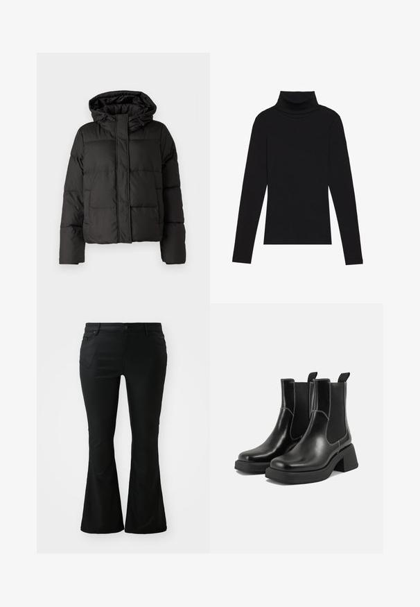 Casaco puffer preto com capuz, fecho frontal com zip e padrão acolchoado, com punhos elásticos. Feito de material sintético liso.; Top de gola alta de manga longa, preto, feito de tecido canelado, apresenta um design justo com um decote elevado e sem padrões ou detalhes.; Calças pretas de boca de sino feitas de tecido suave. Apresentam bolsos frontais, fecho com botão e uma cintura ajustada que se alarga em pernas largas.; Botas Chelsea em couro preto com um salto grosso, painéis laterais elásticos e costura branca em contraste. Acabamento texturizado.