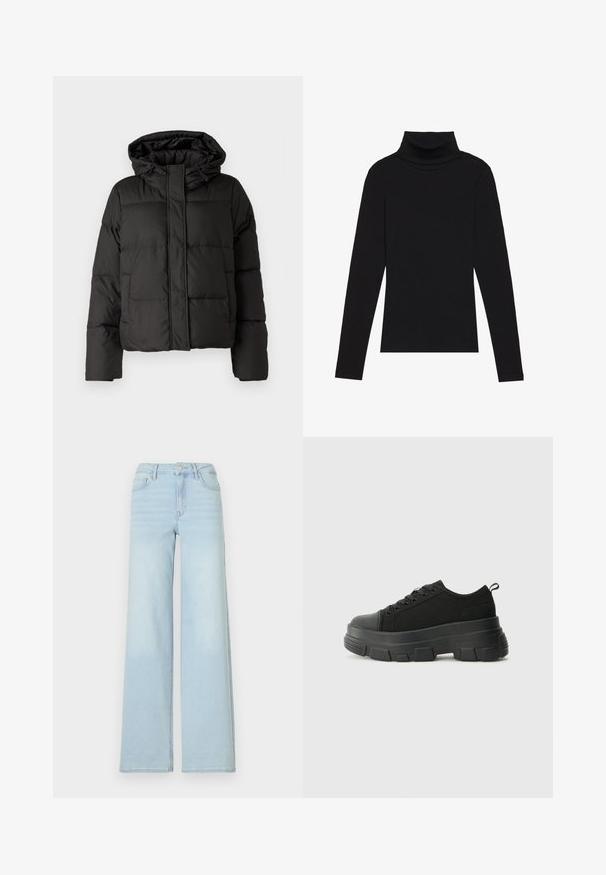 Juodas pūkinis džinsas su kapišonu, užtrauktuku priekyje, siuvinėtu raštu ir elastingais rankogaliais. Pagamintas iš lygios sintetinės medžiagos.; Juoda turtleneko ilgo rankovės viršutinė dalis, pagaminta iš raukšlėtos medžiagos, turi prigludusią formą, aukštą apykaklę ir neturi jokių raštų ar akcentų.; Šviesiai mėlynos plačios džinsinės kelnės, pagamintos iš džinsinio audinio, su klasikiniu penkių kišenių dizainu ir priekinio mygtuko uždarymu. Priekyje šiek tiek išblukusios.; Juodos sportinės bateliai su stambiu guminiais padu, tekstūrizuotu audinio viršumi, apvaliu pirštu ir raištelių uždarymu. Yra sutvirtinti akių angos ir nugaros kilputė.