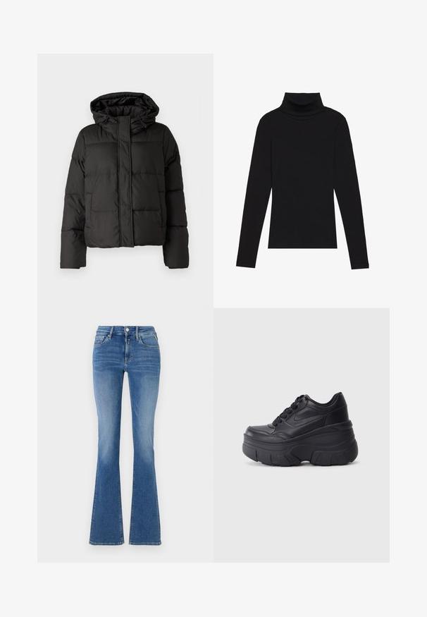 Musta puffatakki hupulla, vetoketjukiinnityksellä, tikattu kuvio ja elastiset hihansuut. Valmistettu sileästä synteettisestä materiaalista.; Musta poolalla pitkähihaisen pusero, joka on valmistettu ribbikankaasta, tarjoaa muotoilevan leikkauksen, jossa on korkea kaula-aukko eikä kuvioita tai koristeita.; Siniset korkeavyötäröiset farkut, joissa on etutaskut, nappi- ja vetoketjukiinnitys sekä levenevät lahkeet.; Musta nauhallinen lenkkarit, joissa on paksu pohja, ja jotka sisältävät sileästä nahasta valmistetun yläosan, pyöreän kärjen ja erottuvan kerroksittain muotoillun pohjan.