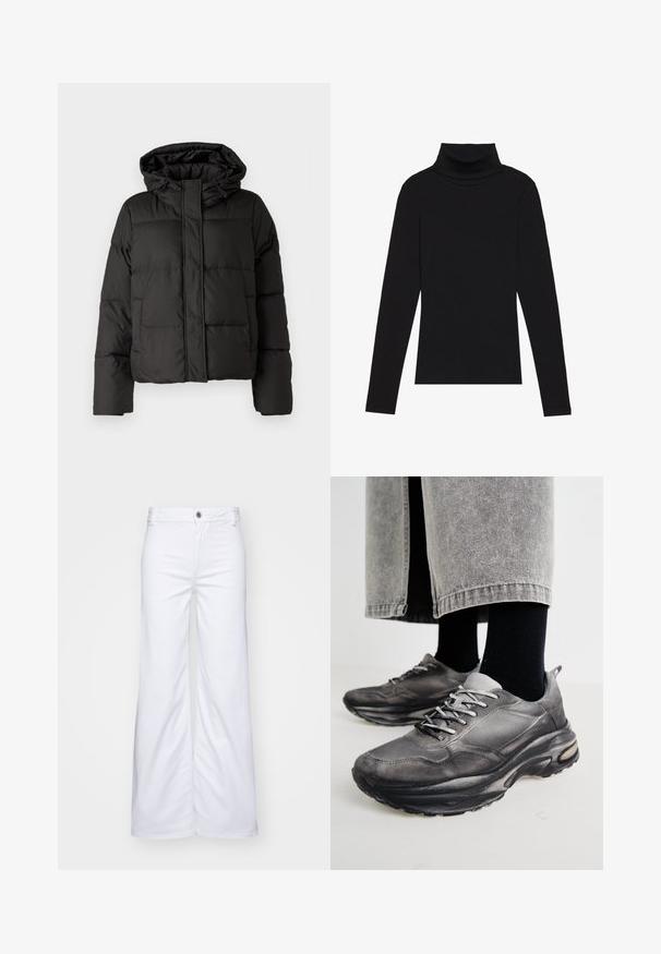 Veste doudoune noire avec capuche, fermeture éclair à l'avant, motif matelassé et poignets élastiques. Fabriquée en matériau synthétique lisse.; Haut à manches longues noir à col roulé, fabriqué en tissu côtelé, présente un design ajusté avec un col haut et sans motifs ni accents.; Pantalons larges blancs en denim, dotés d'une fermeture à bouton et de passants de ceinture. Texture lisse avec des coutures nettes et sans motifs.; Des chaussures de sport noires et grises présentent un dessus en mesh, des semelles épaisses et des lacets. Elles ont un bout arrondi et des détails de rembourrage visibles.