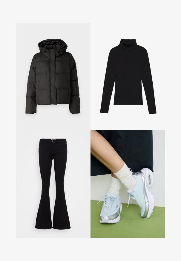 Veste doudoune noire avec capuche, fermeture éclair à l'avant, motif matelassé et poignets élastiques. Fabriquée en matériau synthétique lisse.; Haut à manches longues noir à col roulé, fabriqué en tissu côtelé, présente un design ajusté avec un col haut et sans motifs ni accents.; Jean évasé noir en tissu lisse, taille mi-haute, poches avant et fermeture par bouton. L'ourlet s'évase vers le bas.; Baskets bleu clair avec accents argentés, dessus texturé, semelle rembourrée et unité d'air visible. Associées à des chaussettes blanches côtelées.