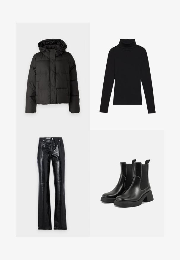 Fekete puffernadrág kapucnival, elöl cipzárral záródik, steppelt mintázattal és elasztikus mandzsettákkal rendelkezik. Simább szintetikus anyagból készült.; Fekete garbónyakú, hosszú ujjú felső, bordás anyagból készült, testhez álló fazonnal, magas nyakkal, minták és díszítések nélkül.; Fekete, magas derékú nadrág fényes műbőrből, krokodilbőr textúrával, karcsú fazonnal és bell-bottom (bővülő) lábszárral.; Fekete bőr Chelsea csizmák masszív sarkakkal, rugalmas oldalsó panelekkel és kontrasztos fehér varrással. Texturált felület.
