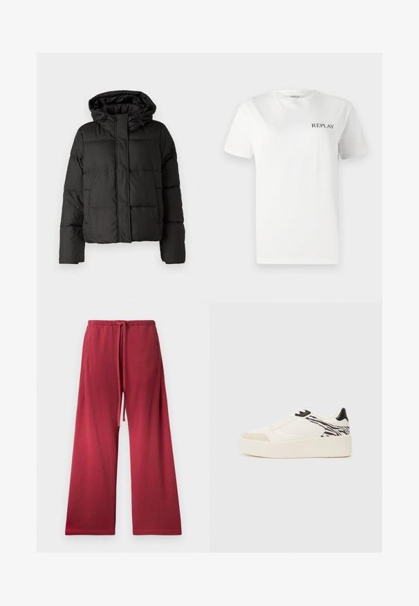 Schwarze Daunenjacke mit Kapuze, Reißverschluss auf der Vorderseite, gestepptem Muster und elastischen Bündchen. Hergestellt aus glattem Synthetikmaterial.; Weißes Baumwoll-T-Shirt mit kurzen Ärmeln und Rundhalsausschnitt, das ein kleines schwarzes "REPLAY"-Logo auf der linken Brustseite aufweist. Glatte Textur.; Rote weit geschnittene Hose aus weichem Stoff, mit einem elastischen Bund und Tunnelzug sowie seitlichen Taschen für zusätzlichen Komfort.; Even&Odd Sneaker low - white/black