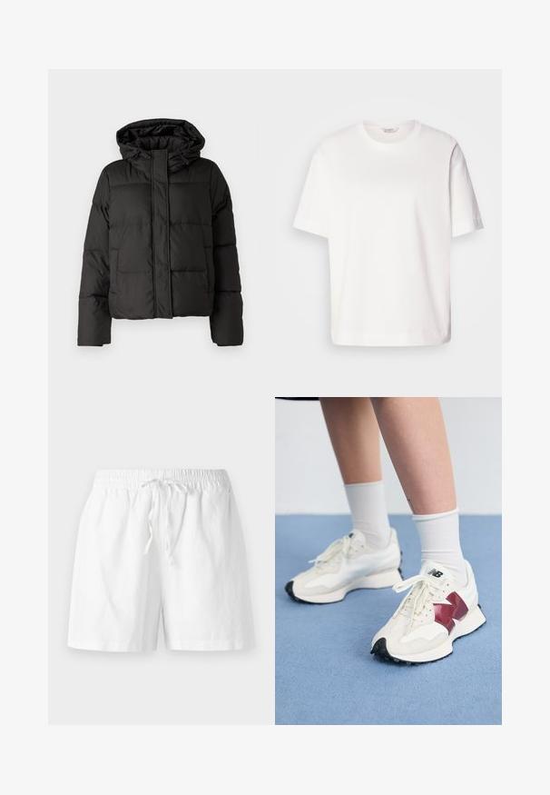 Schwarze Daunenjacke mit Kapuze, Reißverschluss auf der Vorderseite, gestepptem Muster und elastischen Bündchen. Hergestellt aus glattem Synthetikmaterial.; Weißes Baumwoll-T-Shirt mit kurzen Ärmeln, Rundhalsausschnitt, lockerer Passform und glatter Textur; ohne Muster oder sichtbare Metallteile.; Weiße Baumwollshorts mit einem elastischen Bund, Kordelzugdetail und bequemer Passform. Glatte Textur und knielanges Design.; Ein Paar weiße Sneakers mit kastanienbraunen Akzenten, strukturierten Paneelen, flacher schwarzer Außensohle und hellen Schnürsenkeln, getragen mit weißen Knöchelsocken.