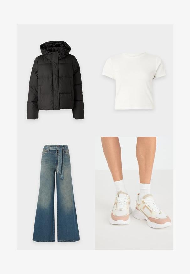 Crna puffer jakna s kapuljačom, zatvaranjem na zip, kviltanim uzorkom i elastičnim manžetama. Izrađena od glatkog sintetičkog materijala.; Kratka bijela majica izrađena od pamuka s kratkim rukavima, okruglim izrezom i ravnim rubom, koja se odlikuje glatkom teksturom i minimalnim dizajnom.; Široke traperice s gradijentom od svijetloplave do tamnoplave, visokog struka, petljama za remen i remenom od istog materijala. Teksturirana traper tkanina.; Bijele i svijetloljubičaste tenisice s mrežastim panelima, zaobljenim vrhom, čvrstim đonom i vezanjem. Uključuju svijetlosive detalje.