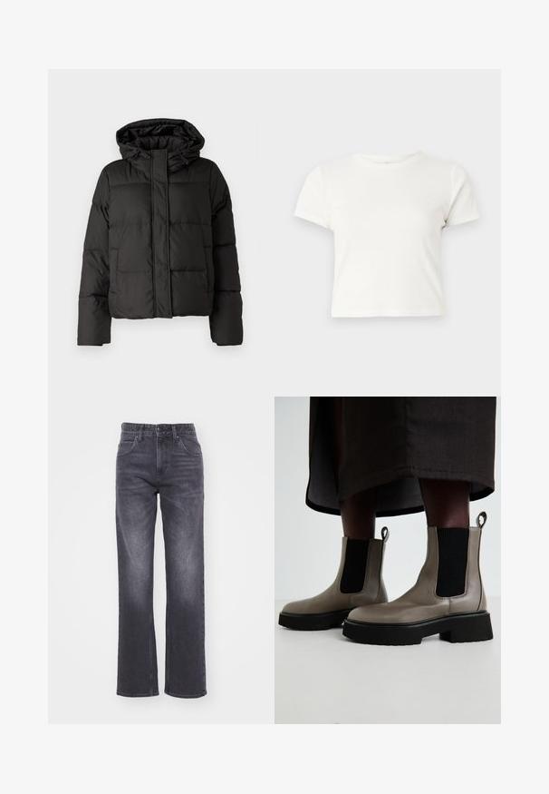 Must musterk jacket, millede, tõmbluku ees sulgemine, tikandmuster ja elastsed mansetid. Valmistatud siledast sünteetilisest materjalist.; Lühike valge T-särk, mis on valmistatud puuvillast, lühikeste varrukatega, ümmarguse kaelusega ja sirge lõikega, omades sileda tekstuuri ja minimaalset disaini.; Tumedat hallid sirged teksad, mis on valmistatud denimist, viie tasku, nööbi ja tõmbluku sulgemisega, kergelt fadeeritud ja kulumise efektiga.; Hallide hallukad, mis on valmistatud tekstuursest nahast, millel on elastsed külgpaneelid ja massiivne must tald. Omab tõmblukke mugavaks selga panemiseks.