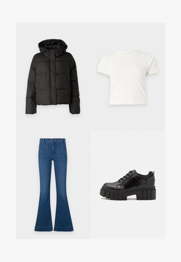 Casaco puffer preto com capuz, fecho frontal com zip e padrão acolchoado, com punhos elásticos. Feito de material sintético liso.; T-shirt branca curta feita de algodão, com mangas curtas, um decote redondo e uma bainha reta, apresentando uma textura suave e um design minimalista.; Jeans azuis flare feitos de denim, com uma cintura média, dois bolsos traseiros e uma bainha costurada. Textura suave com um aspecto ligeiramente desbotado.; Sapatos de plataforma em couro preto com um salto bloco robusto, bico redondo e design clássico de atacadores. Apresentam uma textura suave e detalhes mínimos.