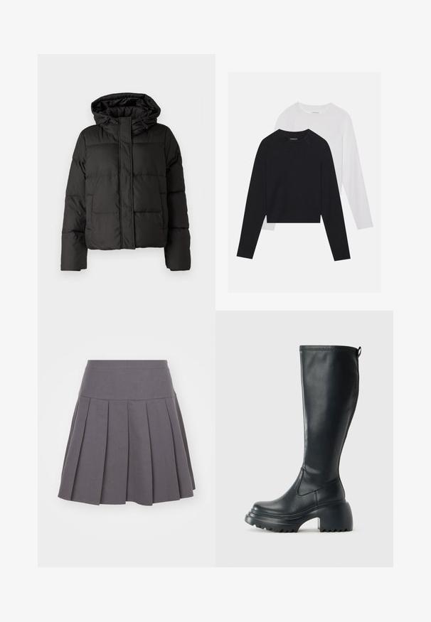 Črna puhovka s kapuco, zadrgo spredaj, prešito vzorec in elastičnimi manšetami. Narejena iz gladkega sintetičnega materiala.; Dve dolge majice z dolgimi rokavi: ena črna in ena bela. Obe imata okroglo ovratnico, raglan rokave in mehko mešanico bombaža.; Vero Moda VMBAYA SHORT SKIRT - Krilo A-kroja - asphalt; Visoka črna usnjena škornja s debelim podplatnim solejem in blok peto, opremljena s potegom in strukturiranim profilom na podplatu.