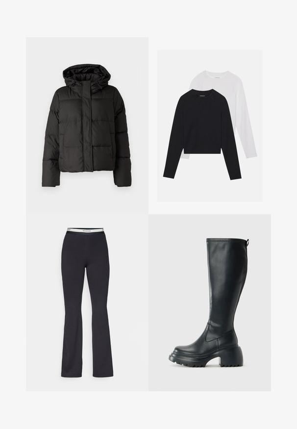 Giubbotto piumino nero con cappuccio, chiusura frontale con zip, motivo trapuntato e polsini elasticizzati. Realizzato in materiale sintetico liscio.; Due camicie a maniche lunghe: una nera e una bianca. Entrambe presentano un col a girocollo, maniche raglan e un morbido tessuto in misto cotone.; Pantaloni neri a palazzo realizzati in tessuto elasticizzato, con una cintura larga e un logo a contrasto. Texture liscia e design minimal.; Stivale lungo in pelle nera con suola piatta robusta e tacco a blocco, dotato di linguetta e battistrada testurizzato sulla suola.