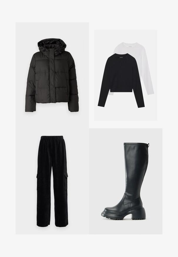 Black puffer jacket with a hood, zip front closure, quilted pattern, and elastic cuffs. Made from smooth synthetic material.; Two long-sleeved shirts: one black and one white. Both feature a crew neck, raglan sleeves, and a soft cotton blend fabric.; Black corduroy cargo pants with a wide leg design, featuring an elastic waistband and two side pockets. Vertical ribbed texture throughout.; Tall black leather boot with chunky platform sole and block heel, featuring pull tab and textured tread on outsole.