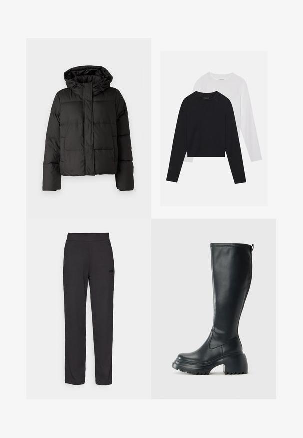 Čierna prešívaná bunda s kapucňou, so zipsom vpredu, prešívaným vzorom a elastickými manžetami. Vyrobená z hladkého syntetického materiálu.; Dvoje tričiek s dlhým rukávom: jedno čierne a jedno biele. Obe majú okrúhly výstrih, raglánové rukávy a mäkkú zmes bavlny.; Čierne športové nohavice s rebrovanou textúrou, elastickým pásom a malým čiernym logom na boku. Strih s rovnými nohavicami.; Vysoká čierna kožená čižma s masívnou platformou a blokovým podpätkom, s praktickým pútkom a textúrovaným vzorom na podošve.