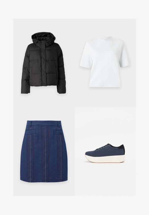 Fekete puffernadrág kapucnival, elöl cipzárral záródik, steppelt mintázattal és elasztikus mandzsettákkal rendelkezik. Simább szintetikus anyagból készült.; Világoskék, rövid ujjú póló, puha pamutból készült. Klasszikus, kerek nyakú és laza szabású, minta vagy díszítés nélkül.; A farmer mini szoknya sötétkék színben, világoskékkel és pirossal készült függőleges csíkokkal. Két hátsó zsebbel és testhezálló szabással rendelkezik.; Sötétkék sportcipő, texturált szövet felsőrész, fehér platform talp, lekerekített orr és fekete sarok akcentussal. Hat fűzőlyuk található rajta.