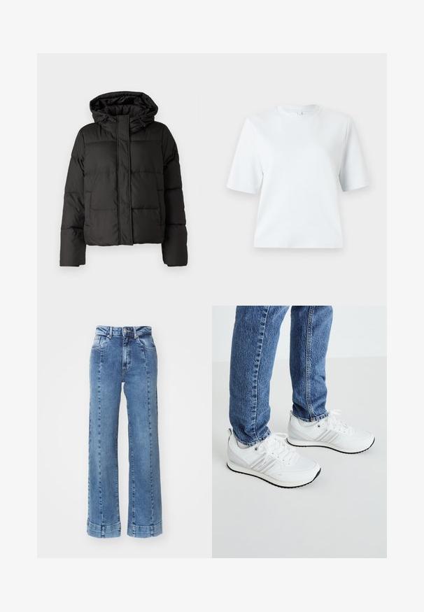 Must musterk jacket, millede, tõmbluku ees sulgemine, tikandmuster ja elastsed mansetid. Valmistatud siledast sünteetilisest materjalist.; Hele sinine lühikeste varrukatega T-särk, mis on valmistatud pehmest puuvillast. Omab klassikalist ümmargust kaelust ja lõdvestunud lõiget, ilma mustrite või aktsentideta.; Heledad sinine denim laiad püksid kõrge vöökoha ja ees olevate taskutega, millel on õmblusdetailid. Alläär on keeratud ja õmmeldud.; Valged spordijalatsid sileda pinnaga, millel on kolm paralleelset triipu, paelad ja must kummist välistald. Kandmiseks siniste teksadega.