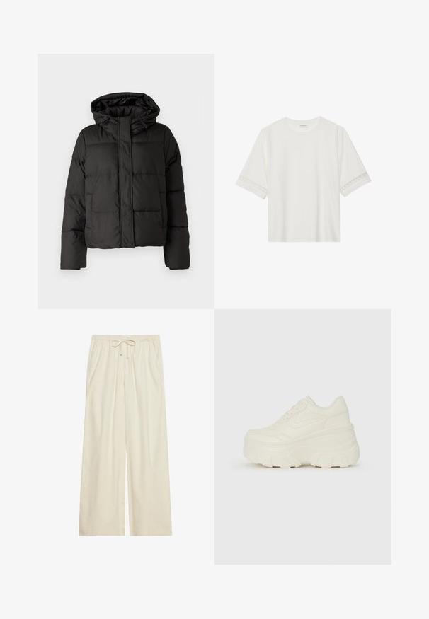 Black puffer jacket with a hood, zip front closure, quilted pattern, and elastic cuffs. Made from smooth synthetic material.; White short-sleeve t-shirt made from cotton, featuring decorative lace trim along the sleeves and a round neckline.; Light cream wide-leg pants with an elastic waistband and drawstring, featuring side pockets and a textured fabric.; White platform sneakers featuring a smooth leather-like upper, rounded shape, padded collar, and textured rubber sole with defined treads.