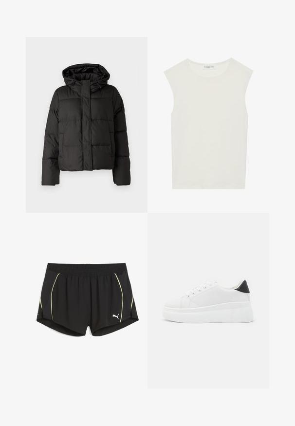 Must musterk jacket, millede, tõmbluku ees sulgemine, tikandmuster ja elastsed mansetid. Valmistatud siledast sünteetilisest materjalist.; Valge ilma varrukateta topp ümmarguse kaelusega. Valmistatud siledast kangast, sellel on mugav lõige ja minimalistlik disain. Ei ole mustreid ega aksessuaare.; Mustad mustad lühikesed püksid kergest materjalist, millel on kollased külgedetailid ja elastne vöökoht. Logo asub vasakul all.; Valged platvormsneakerid, mis on valmistatud siledast sünteetilisest materjalist, ovaalse toe, paelkinnise disaini ja tekstuurse kummitaldiga. Must kontsrihm.