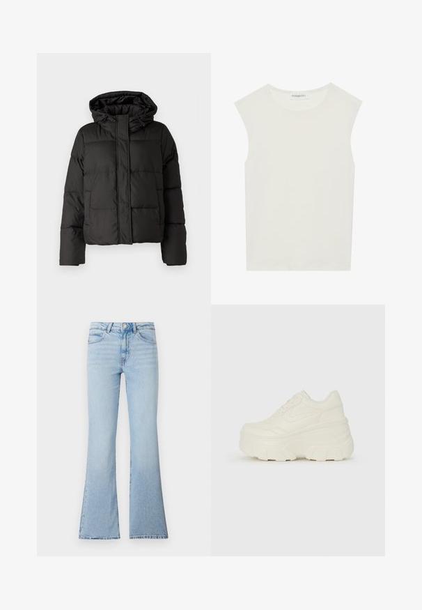 Casaco puffer preto com capuz, fecho frontal com zip e padrão acolchoado, com punhos elásticos. Feito de material sintético liso.; Top branco sem mangas com decote redondo. Feito de um tecido liso, apresenta um corte descontraído e um design minimalista. Sem padrões ou detalhes.; Calças de ganga azuis claras com bainha larga. Apresentam uma cintura alta, um design tradicional de cinco bolsos e uma textura ligeiramente desbotada.; Tênis brancos de plataforma com um cabedal suave semelhante a couro, formato arredondado, colarinho acolchoado e sola de borracha texturizada com ranhuras bem definidas.