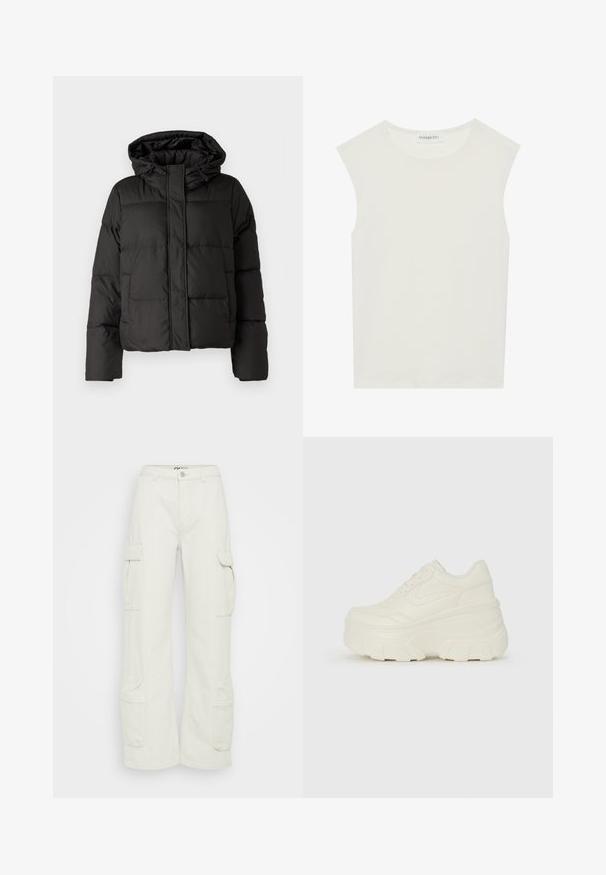 Črna puhovka s kapuco, zadrgo spredaj, prešito vzorec in elastičnimi manšetami. Narejena iz gladkega sintetičnega materiala.; Bela brezrokavnica s okroglim izrezom. Narejena iz gladkega materiala, ima sproščen kroj in minimalističen dizajn. Brez vzorcev ali okrasnih elementov.; Cargo hlače v off-white bombažu, z širokimi nogami, stranskimi žepi in gumbom za zapiranje pri pasu. Gladka tekstura s funkcionalnim dizajnom.; Bele platformske tene z belim zgornjim delom, ki spominja na usnje, okroglo obliko, oblazinjen ovratnik ter gumo z teksturo na podplatu z izrazitimi profili.