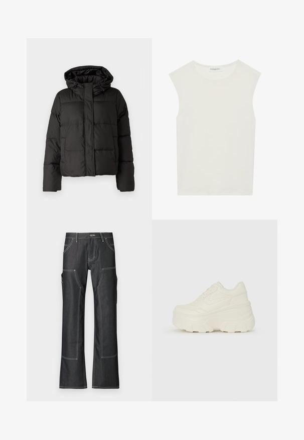 Black puffer jacket with a hood, zip front closure, quilted pattern, and elastic cuffs. Made from smooth synthetic material.; White sleeveless top with a round neckline. Made of smooth fabric, it features a relaxed fit and minimalist design. No patterns or accents.; Dark denim cargo pants with white contrast stitching, featuring multiple pockets and a flared leg design. Durable fabric and metal button closure.; White platform sneakers featuring a smooth leather-like upper, rounded shape, padded collar, and textured rubber sole with defined treads.