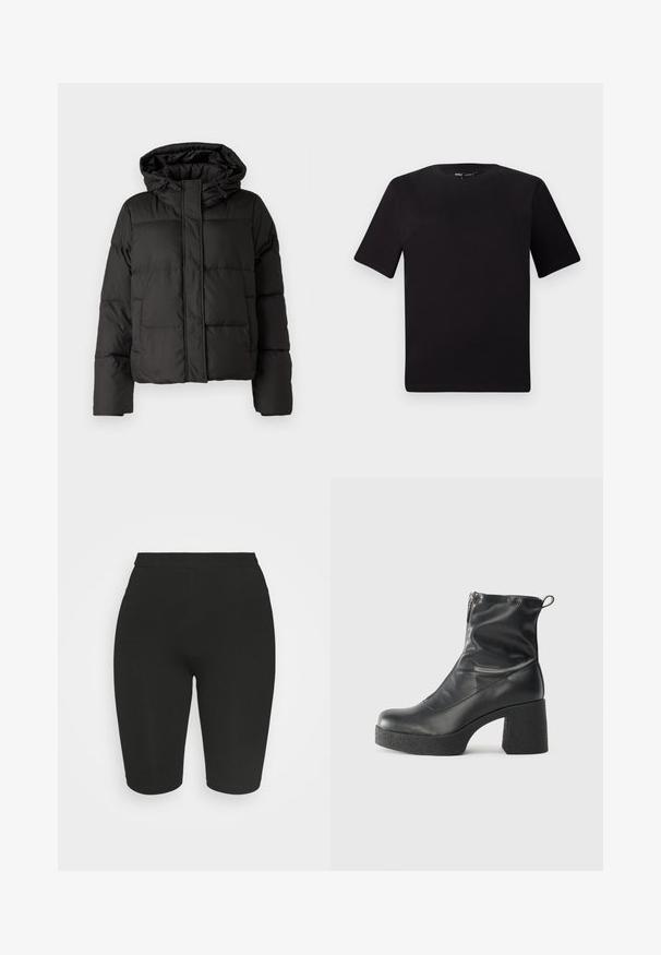 Juodas pūkinis džinsas su kapišonu, užtrauktuku priekyje, siuvinėtu raštu ir elastingais rankogaliais. Pagamintas iš lygios sintetinės medžiagos.; Juodas trumpas rankovės marškinėlis su apvaliu iškirpimu, pagamintas iš minkštos medvilnės medžiagos. Paprastas dizainas, be matomų logotipų ar raštų.; Juodi dviratininkų šortai su prigludusia forma, elastinga juosta ir lygia tekstūra. Ilgis siekia virš kelio. Nėra matomų raštų ar puošmenų.; Juodos kulkšninių botai, pagaminti iš lygaus odos, su šoniniu užtrauktuku, masyviu tekstūruotu kulnu ir apvaliu pirštu.