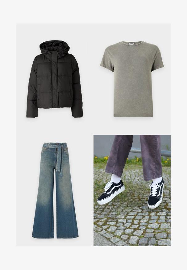 Musta puffatakki hupulla, vetoketjukiinnityksellä, tikattu kuvio ja elastiset hihansuut. Valmistettu sileästä synteettisestä materiaalista.; Haalarivihreä t-paita, lyhyet hihat, pyöreä pääntie, pehmeä puuvillamateriaali, hieman kulunut pintakuvio, rento istuvuus.; Yksiväriset farkut leveällä lahkeella, joissa on vaaleasta tummansiniseen häipyvä väri, korkea vyötärö, vyölenkit ja yhteensopiva kangasvyö. Rakennefarkkujen pinta.; Mustat mokkanahkakengät valkoisilla yksityiskohdilla, joissa on pyöristetty kärki, paksu valkoinen pohja ja klassinen nauhakiinnitys, käytettyinä valkoisten sukkien ja violetin housuparin kanssa.