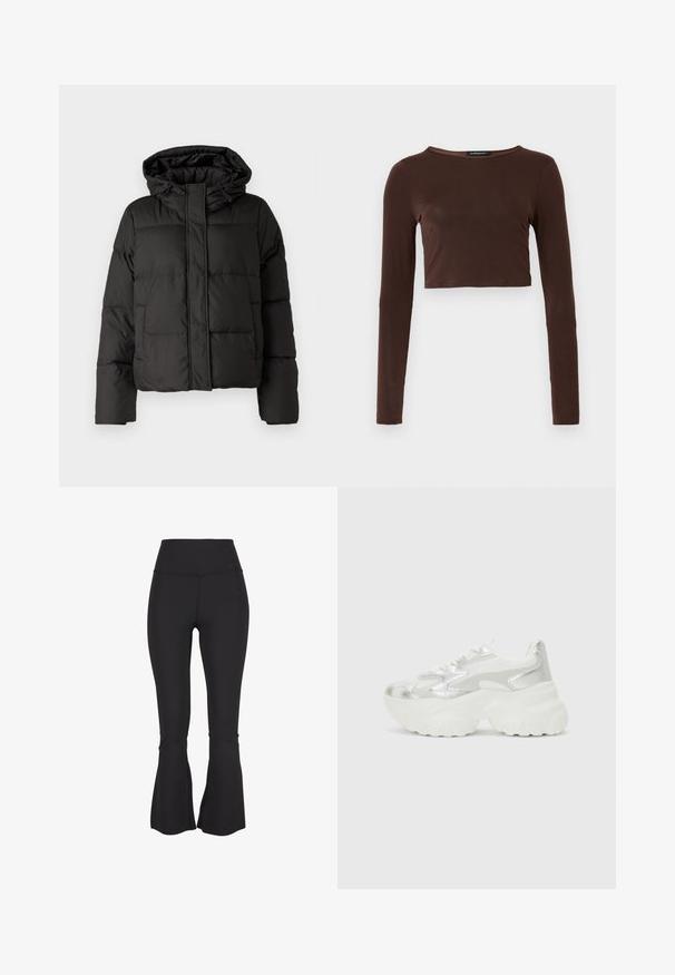 Must musterk jacket, millede, tõmbluku ees sulgemine, tikandmuster ja elastsed mansetid. Valmistatud siledast sünteetilisest materjalist.; Pruun pikkade varrukatega lühike topp, mis on valmistatud siledast materjalist, ümara kaelusega ja kehaääristava disainiga. Ilma nähtavate mustrite või aktsentideta.; Mustad flared retuus, mis on valmistatud venivast ja siledast kangast. Kõrge vöökoht ja jalaservade lõhkised osad lisavad disainielemente.; Hõbedane sneaker, millel on tekstuuriga võrgust ülemine osa ja iridesSentne aktsent, pakub tummist valget tallat ja nööridega sulgemist.