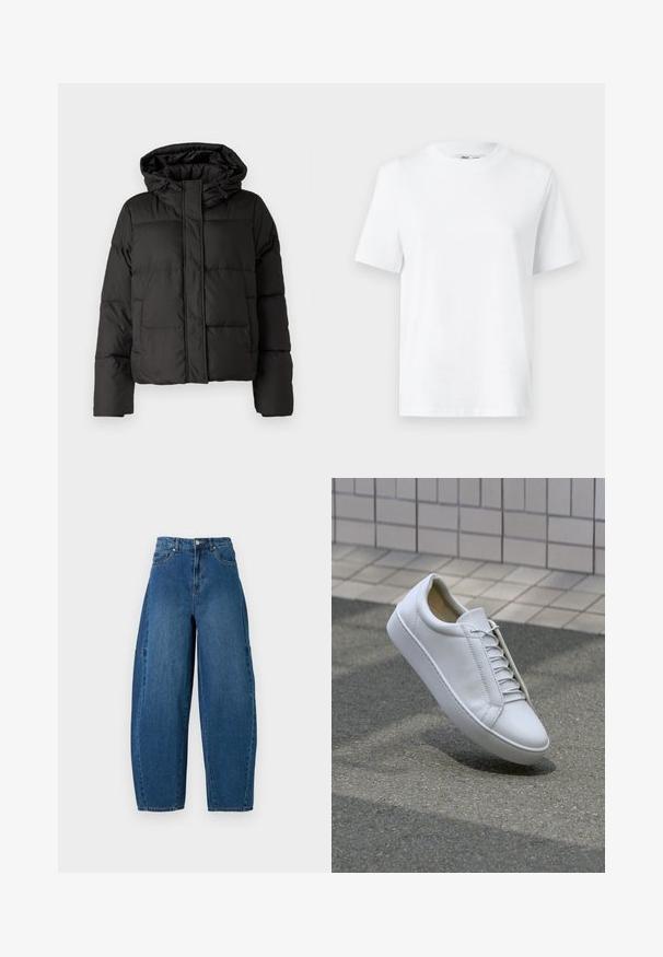 Black puffer jacket with a hood, zip front closure, quilted pattern, and elastic cuffs. Made from smooth synthetic material.; White cotton crew-neck t-shirt featuring short sleeves and a smooth texture. Designed with a relaxed fit for comfort and versatility.; Denim jeans in a medium blue wash, featuring a high waist, wide leg cut, and standard five-pocket design with visible stitching details.; White leather sneaker with a round toe, flat sole, and six pairs of eyelets. Smooth texture and minimalistic design with stitching details.