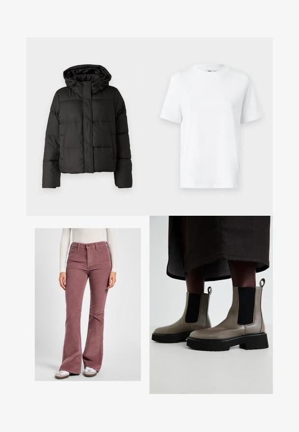 Must musterk jacket, millede, tõmbluku ees sulgemine, tikandmuster ja elastsed mansetid. Valmistatud siledast sünteetilisest materjalist.; Valge puuvillane ümarakaelusega T-särk, millel on lühikesed varrukad ja sile tekstuur. Kujundatud mugava ja mitmekesise istuvuse jaoks.; Korduroist flared püksid hallikas roosa värviga, millel on kõrge vöökoht, tekstuuritud ribad ja viie-taskuline disain koos messingist ripatsitega.; Hallide hallukad, mis on valmistatud tekstuursest nahast, millel on elastsed külgpaneelid ja massiivne must tald. Omab tõmblukke mugavaks selga panemiseks.