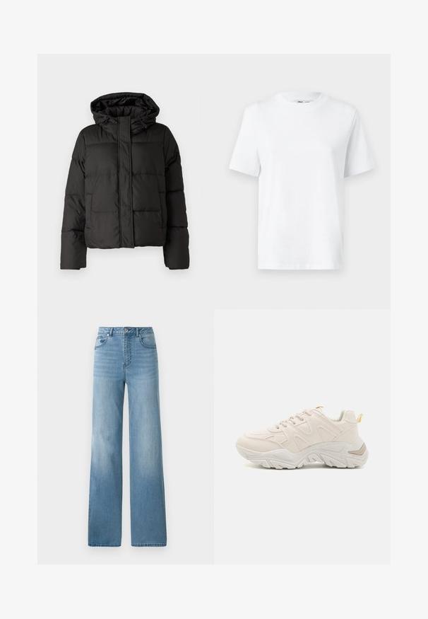 Casaco puffer preto com capuz, fecho frontal com zip e padrão acolchoado, com punhos elásticos. Feito de material sintético liso.; T-shirt branca de algodão com decote redondo, featuring mangas curtas e uma textura suave. Projetada com um corte solto para conforto e versatilidade.; Jeans de cintura alta azul clara com um design de perna reta. Feitos em denim, com cinco bolsos e fecho de botão.; Sapatilha atlética bege com um cabedal texturizado, detalhes em contraste, sola branca espessa e uma alça na parte de trás para facilitar o calçar.