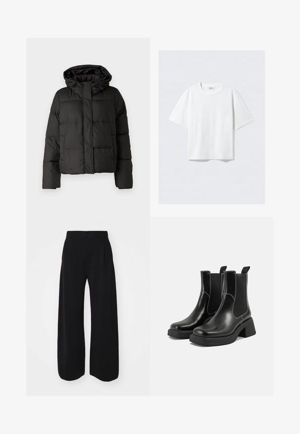 Veste doudoune noire avec capuche, fermeture éclair à l'avant, motif matelassé et poignets élastiques. Fabriquée en matériau synthétique lisse.; T-shirt blanc à manches courtes en coton doux, avec un col rond et une coupe décontractée à ourlet droit, uni sans motifs ni graphiques.; GAP CASHSOFT TAILORED PANT - Pantalon classique - black; Bottes Chelsea en cuir noir avec un talon épais, des panneaux latéraux élastiques et des coutures blanches contrastantes. Fini texturé.