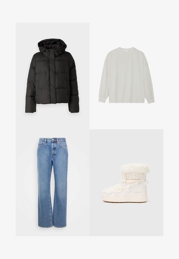 Crna puffer jakna s kapuljačom, zatvaranjem na zip, kviltanim uzorkom i elastičnim manžetama. Izrađena od glatkog sintetičkog materijala.; Svijetlosivi majica s dugim rukavima od mekane pamučne tkanine. Ima slobodan kroj, okrugli izrez i blago nabrane manžete. Bez uzoraka ili grafika.; Svijetlosive traperice visokog struka sa ravnim, širokim nogavicama. Sadrže klasično šivanje traperica i pet džepova. Glatka tekstura.; Bijeli Moon Boot s krznom iznutra, glatke vanjštine, zaobljenog oblika, debele potplate i kontrastnog smeđeg gumene donje strane. Ima vezice i brendiranje.