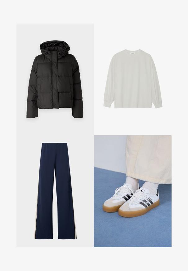 Zwarte gewatteerde jas met capuchon, ritssluiting aan de voorkant, gestikt patroon en elastische manchetten. Gemaakt van glad synthetisch materiaal.; Lichtgrijze langarm t-shirt van zacht katoen. Heeft een losse pasvorm, ronde halslijn en zachtGathered manchetten. Geen patronen of graphics.; Marine wijduitlopende broek vervaardigd uit zachte stof, met een beige zijstreep. De tailleband is elastisch voor comfort en draaggemak.; Witte sneakers met zwarte strepen en beige suède accenten. Voorzien van een gestructureerde gumzool en platte witte veters, gedragen met lichtgekleurde sokken.