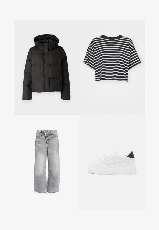 Black puffer jacket with a hood, zip front closure, quilted pattern, and elastic cuffs. Made from smooth synthetic material.; Striped cropped t-shirt in navy and white. Short sleeves, round neckline, soft fabric with horizontal stripes and a relaxed fit.; High-waisted wide-leg jeans in light gray denim, featuring distressed accents and a raw hem. Two front pockets and a button closure.; White platform sneakers made of smooth synthetic material, featuring a rounded toe, lace-up design, and a textured rubber sole. Black heel accent.