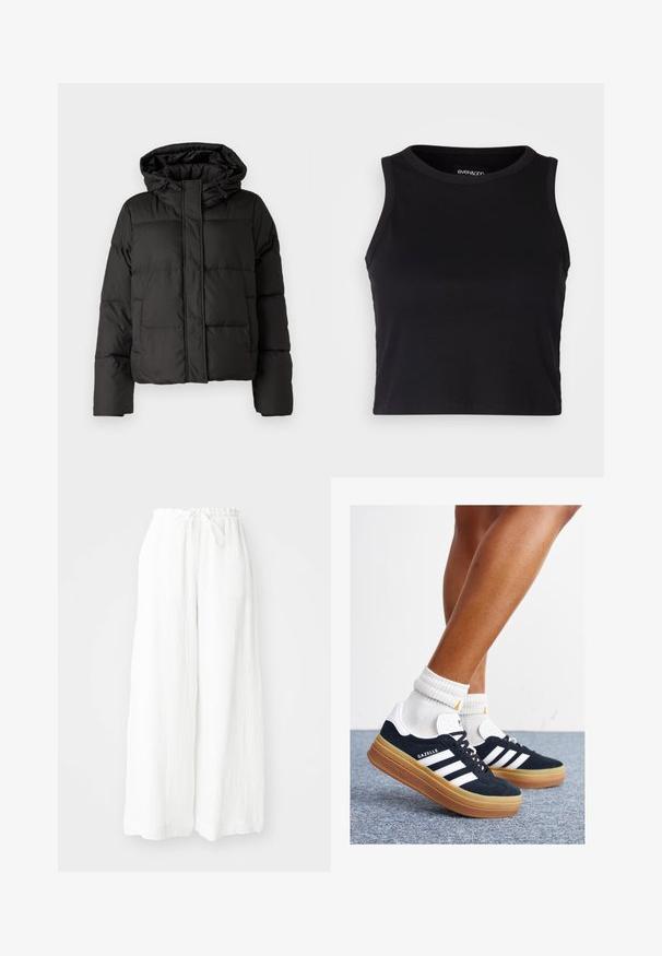 Melna pūkainā jaka ar kapuci, ar rāvējslēdzēju priekšpusei, ar izšūtu rakstu un elastīgām aprocēm. Izgatavota no gludas sintētiskas vielas.; Melna ribota īsā topa ar apaļu kakla izgriezumu un bez piedurknēm. Izgatavota no mīksta, elastīga auduma, ar tīrām apgrieztām malām.; Baltas platleņķa bikses ar teksturētu audumu, ar elastīgu jostasvietu un zīmuļa auklu. Ikdienišķs dizains ar brīvu piegriezumu.; Melnas zamšādas sporta kurpes ar baltām svītrām un akcentiem, apaļa purngala daļa, gumijas zole, kopā ar baltām ribotām sporta zeķēm.