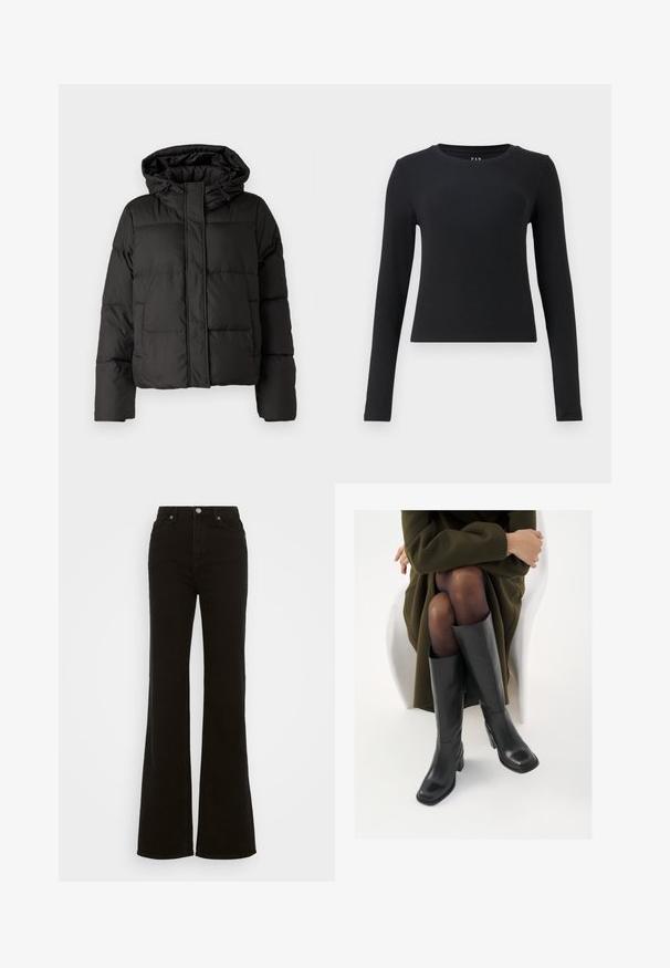 Fekete puffernadrág kapucnival, elöl cipzárral záródik, steppelt mintázattal és elasztikus mandzsettákkal rendelkezik. Simább szintetikus anyagból készült.; Fekete, hosszú ujjú felső, kerek nyakkivágás, bordázott textúra, karcsú fazon és cropped hosszúság. Nincsenek minták vagy látható hardver részletek.; Magas derekú fekete trapéz farmer, gombos záródással, oldalsó zsebekkel és sima textúrával.; Térdfelett érő fekete bőr csizmák négyzet alakú orral és tömbtalppal, olajzöld kabátban ülő modellel bemutatva. Simaság, minimalista részletezés.