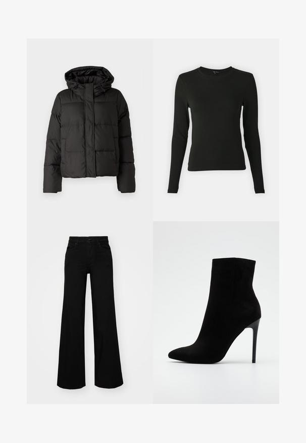 Must musterk jacket, millede, tõmbluku ees sulgemine, tikandmuster ja elastsed mansetid. Valmistatud siledast sünteetilisest materjalist.; Musthave mustrükkis musta värvi, suletud varrukatega, millel on sile kangas, ümar kaelus ja vormikas lõige, ilma nähtavate mustrite või aktsentideta.; Mustad mustad püksid, mis on valmistatud denimist, struktuurse vöökohtade, vöökootidega ja esikottidega. Sile tekstuur klassikalise disainiga.; Must read anke saabaste mustast nahast, millel on terav nina ja kõrge stiletto konts. Sile tekstuur, puhtad jooned ja ei mingeid nähtavaid riistvara ega kaunistusi.