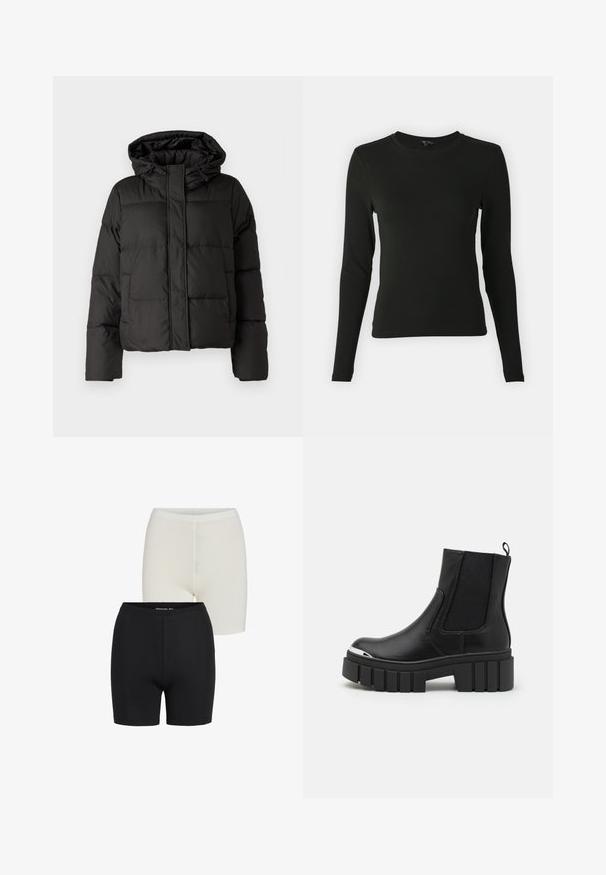 Fekete puffernadrág kapucnival, elöl cipzárral záródik, steppelt mintázattal és elasztikus mandzsettákkal rendelkezik. Simább szintetikus anyagból készült.; Hosszú ujjú fekete ing sima anyagból, kerek nyakkivágással és testhezálló fazonnal, látható minták vagy díszítések nélkül.; Fekete-fehér, rugalmas anyagú, varrás nélküli rövidnadrág, elasztikus derékkal és sima felülettel.; Fekete boka csizmák sima bőrből, elasztikus panelek, vastag platform talp és fém orrrész jellemzi őket.