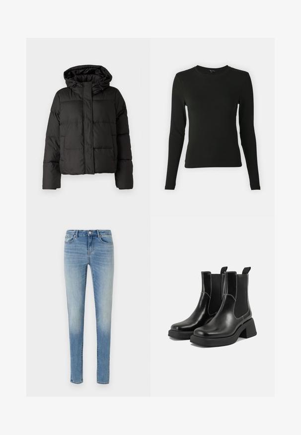Fekete puffernadrág kapucnival, elöl cipzárral záródik, steppelt mintázattal és elasztikus mandzsettákkal rendelkezik. Simább szintetikus anyagból készült.; Hosszú ujjú fekete ing sima anyagból, kerek nyakkivágással és testhezálló fazonnal, látható minták vagy díszítések nélkül.; Világoskék farmer skinny jeggings, elmosódott mosással, klasszikus öt zsebes dizájnnal, valamint cipzáras és gombos záródással.; Fekete bőr Chelsea csizmák masszív sarkakkal, rugalmas oldalsó panelekkel és kontrasztos fehér varrással. Texturált felület.