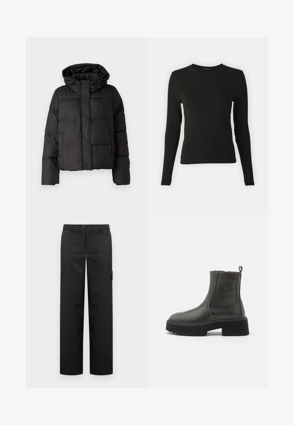 Must musterk jacket, millede, tõmbluku ees sulgemine, tikandmuster ja elastsed mansetid. Valmistatud siledast sünteetilisest materjalist.; Musthave mustrükkis musta värvi, suletud varrukatega, millel on sile kangas, ümar kaelus ja vormikas lõige, ilma nähtavate mustrite või aktsentideta.; Mustadrilised mustad püksid otsejalaga disainiga, nupuga kinnitamine ja küljetasku, valmistatud siledast kangast.; Mustad musta värvi ankle botiid, millel on siledast sünteetilisest materjalist ülemine osa, elastsed külgpaneelid, tõmmeeris ja paks kummine аллергиз.