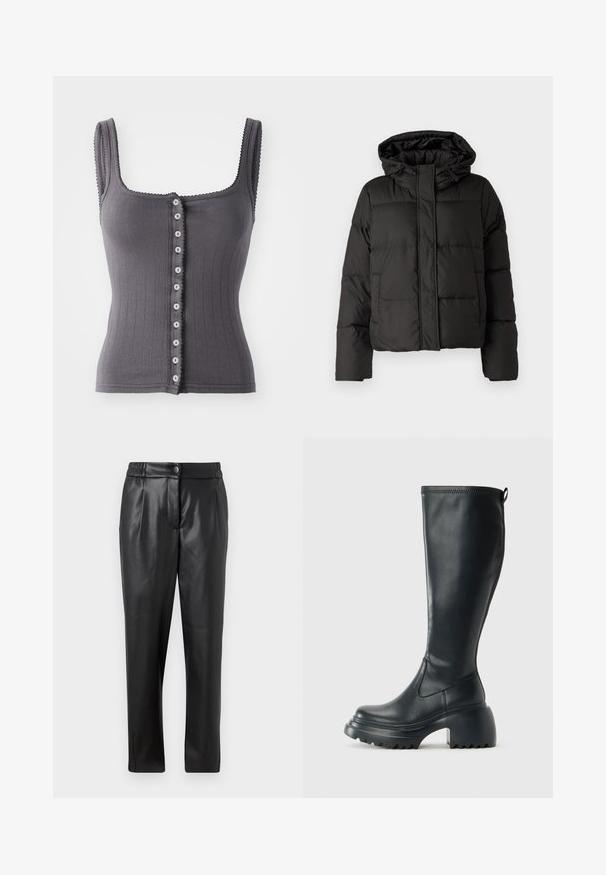 Black puffer jacket with a hood, zip front closure, quilted pattern, and elastic cuffs. Made from smooth synthetic material.; Free People END GAME POINTELLE TANK - Top - volcanic glass; Black leather pants with a smooth texture, straight fit, elastic waistband, and a front button closure; pleated detailing and tapered legs.; Tall black leather boot with chunky platform sole and block heel, featuring pull tab and textured tread on outsole.