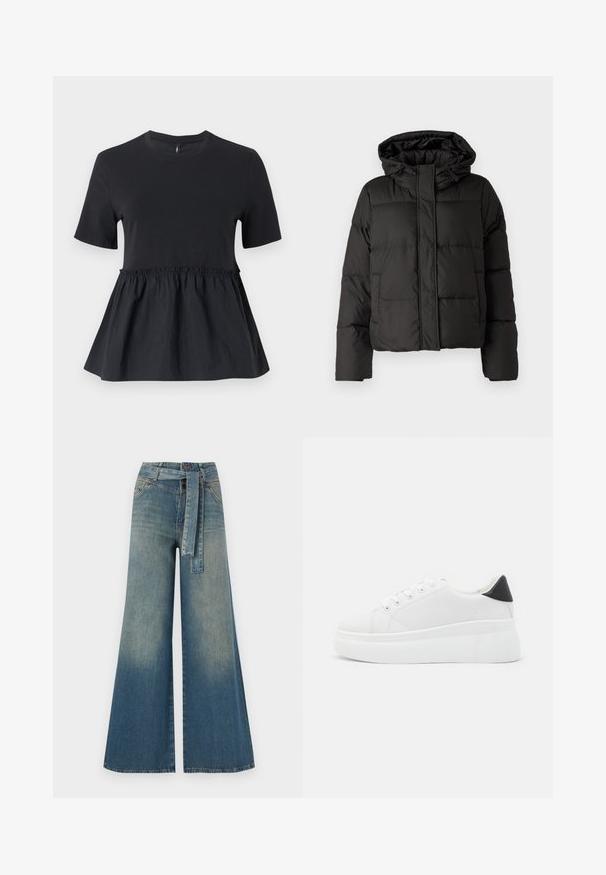 Melna pūkainā jaka ar kapuci, ar rāvējslēdzēju priekšpusei, ar izšūtu rakstu un elastīgām aprocēm. Izgatavota no gludas sintētiskas vielas.; Melna pepluma tops ar pieguļošu ķermeni un savilktu jostasvietu. Izgatavots no mīksta kokvilnas auduma ar gludu tekstūru un īsām piedurknēm.; Platām kājām džinsu bikses ar gaismas līdz tumši zilam gradientam, augstu jostas līniju, jostas cilpām un atbilstošu auduma jostu. Tekstūrēts džinsas apdare.; Baltas platforma kedas, izgatavotas no gludas sintētiskas vielas, ar noapaļotu purngalu, saites dizainu un teksturētu gumijas zoli. Melna papēža akcenta detaļa.